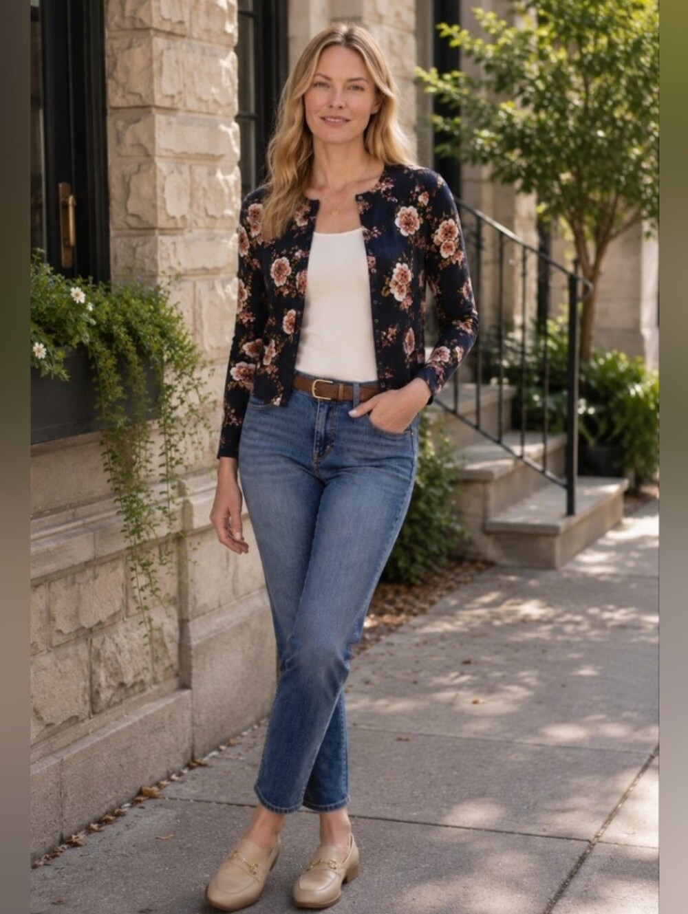 Garnet Hill Navy Blue Floral Lightweight Merino Wool Cardigan Size Large